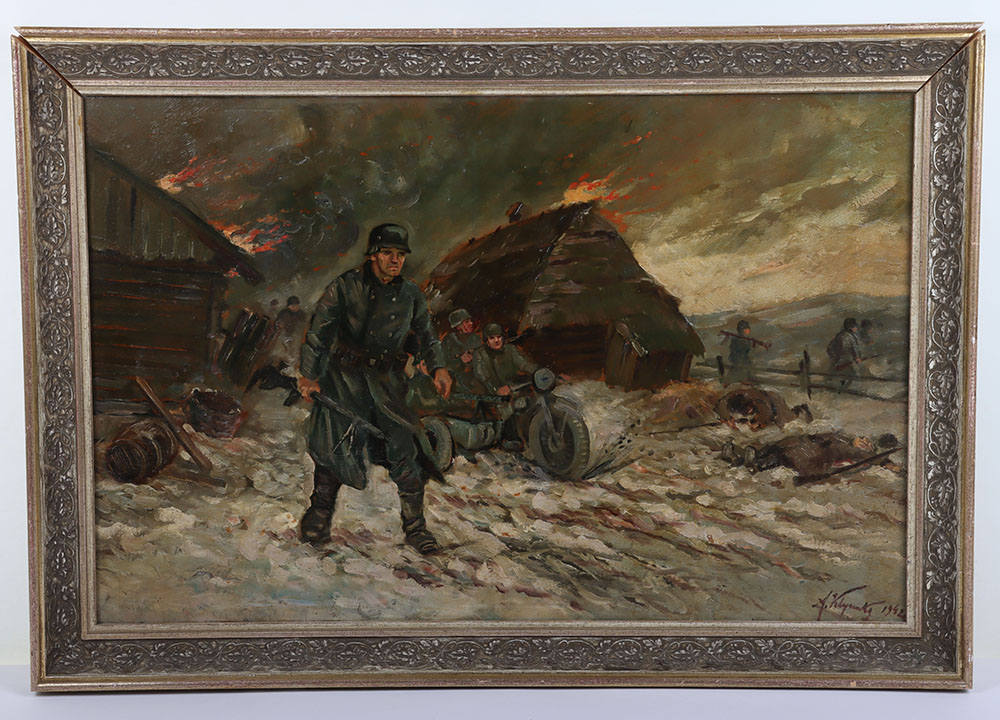 #1130 – WW2 German 1942 Oil Painting of Combat Scene on the Russian Front