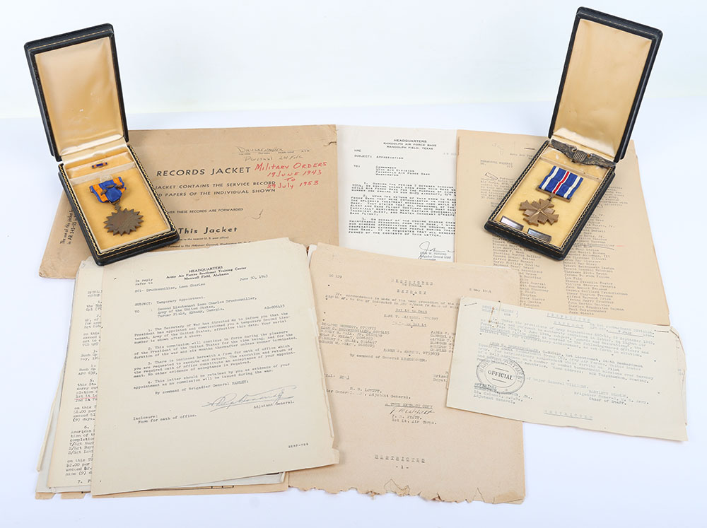 #1177 – WW2 USAAF Distinguished Flying Cross Medal and Document Grouping of 1st Lieutenant Leon C Druckenmiller B-17 Bomber Pilot of 554th Bombardment Squadron, 384th Bombardment Group