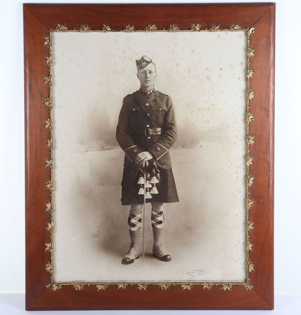 #1294 – Large WW1 Framed Studio Portrait Photograph of a Territorial Officer in the Gordon Highlanders