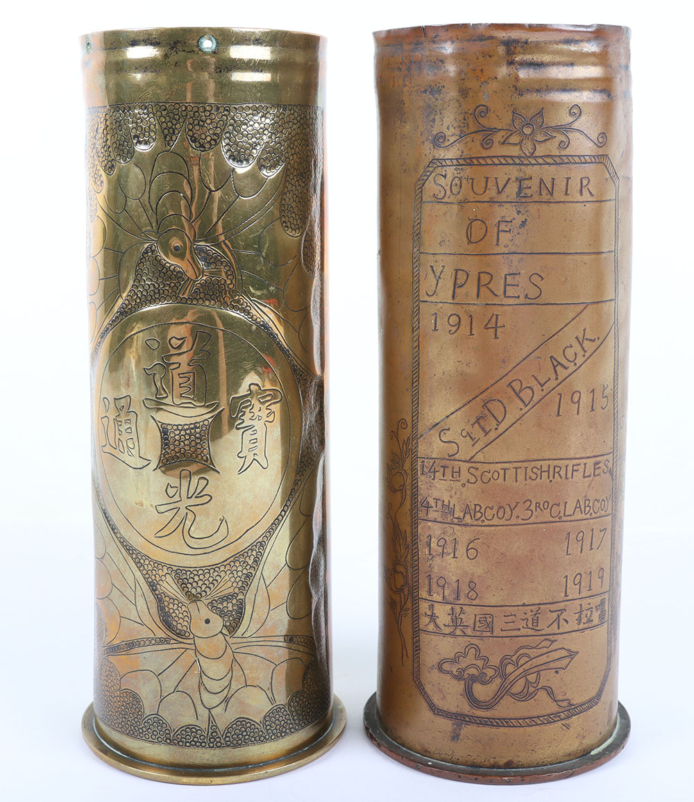 #1313 – 2x WW1 Trench Art Brass Shell Cases Produced by Members of the Chinese Labour Corps