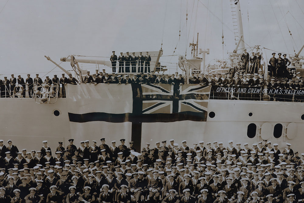 #316 – Large Framed and Glazed Panoramic Photograph of the Officers and Crew of HMS Raleigh