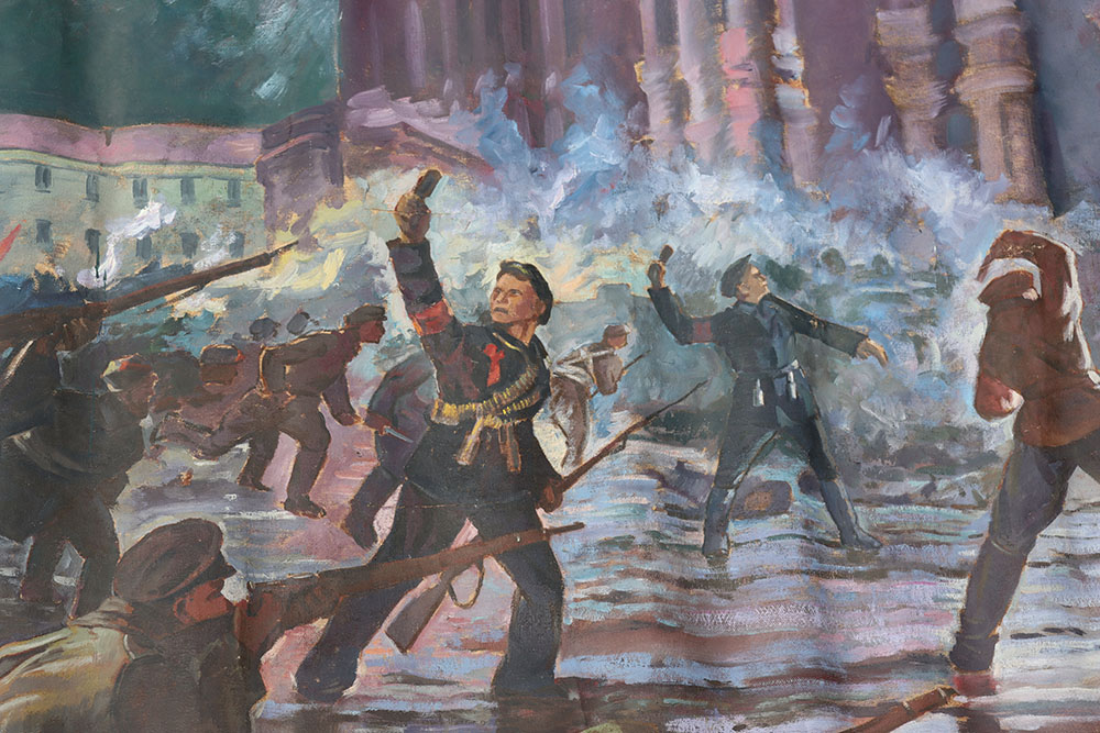 #321 – Russian Revolution Oil on Canvas Painting of the Storming of the Winter Palace, St Petersburg