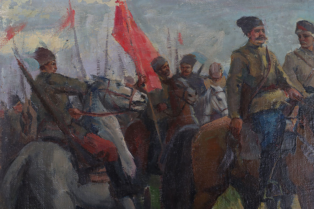 #326 – Soviet Russian Oil on Canvas Painting of Cavalry and Artillery Troops on Horseback Believed to be Painted by V Cheninkov