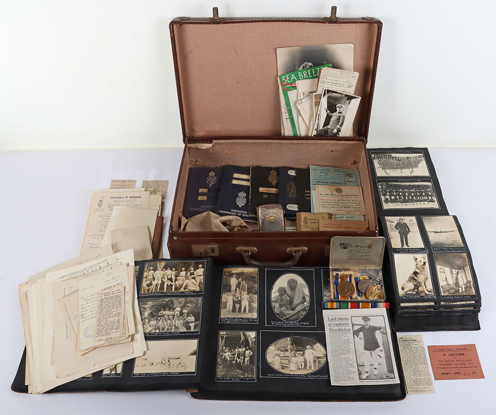 #37 – British Medals and Paperwork Archive of Naval Officer Edward White Williams Royal Naval Reserve and Merchant Navy with Presentation Cigarette Case from the Chamber of Commerce of the Island of Guiana and Photograph Album with Image of Arctic Explorer Sir Ernest Shackleton