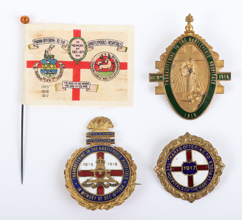 #59 – A Rare Collection of Four Hartlepools Hospitals Thanks Offering Badges Remembering the Bombardment of the Town by German Warships on 16th December 1914