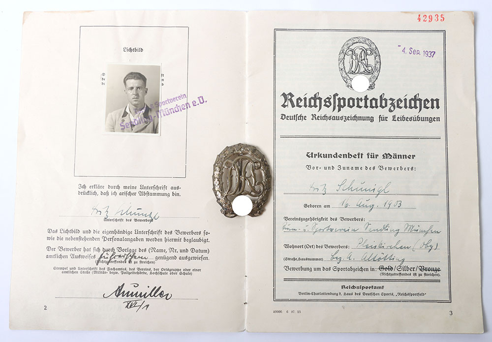 #888 – Third Reich DRL Sports Badge in Silver with Record Book of Recipient