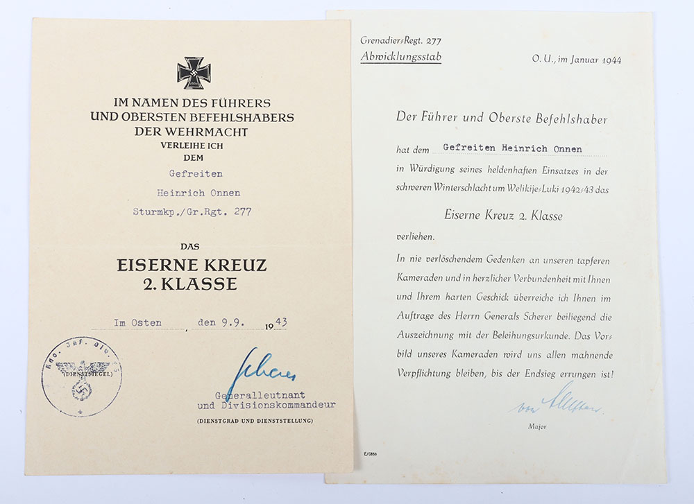 #933 – WW2 German Iron Cross 2nd Class Award Citation with Signature of Knights Cross with Oakleaves Winner General Theodor Scherer