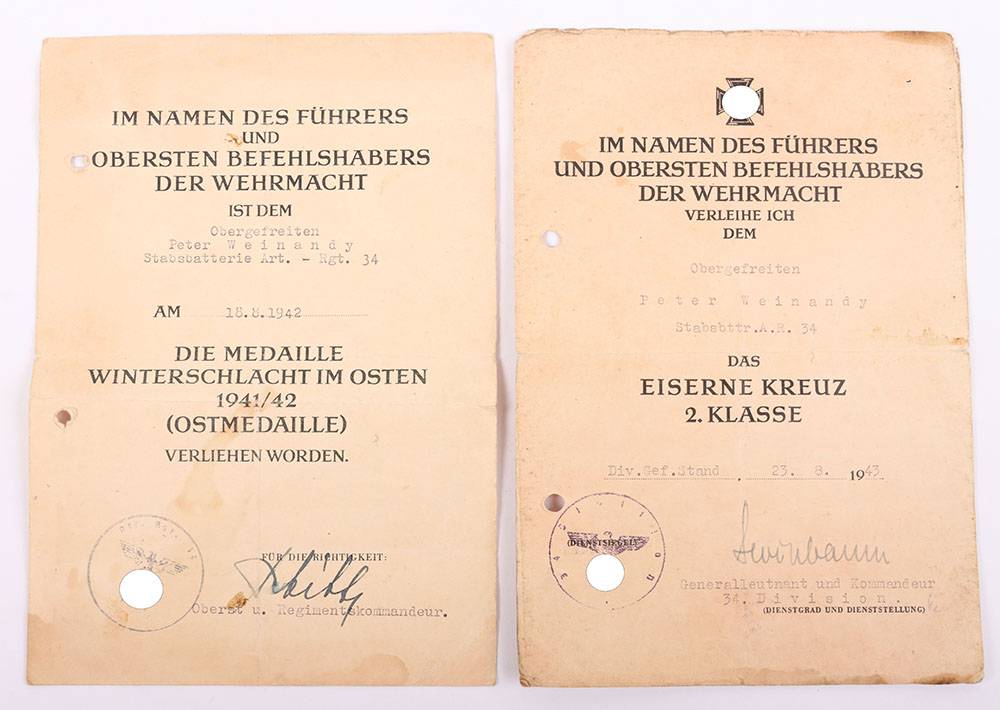 #935 – WW2 German Awards Citation Pair for Staff Battery Artillery Regiment Nr 34