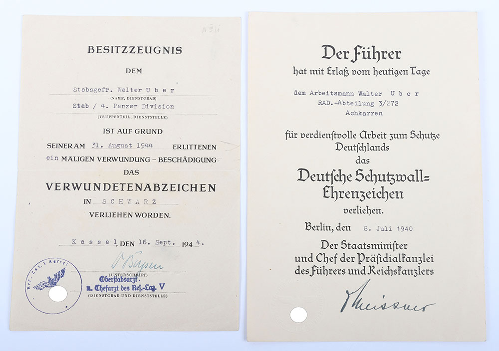 #936 – WW2 German Award Citation Pair of Walter Uber 4th Panzer Division Wounded August 1944 on Eastern Front