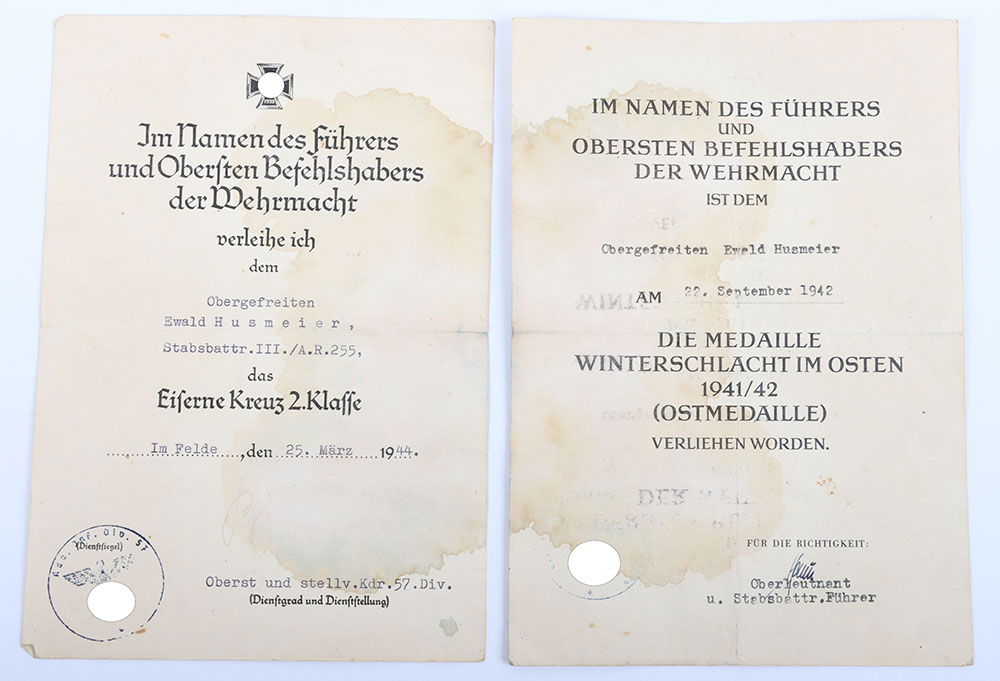 #937 – WW2 German Award Citation Pair of Ewald Husmeier Stabsbattery III./ Artillery Regiment Nr 255