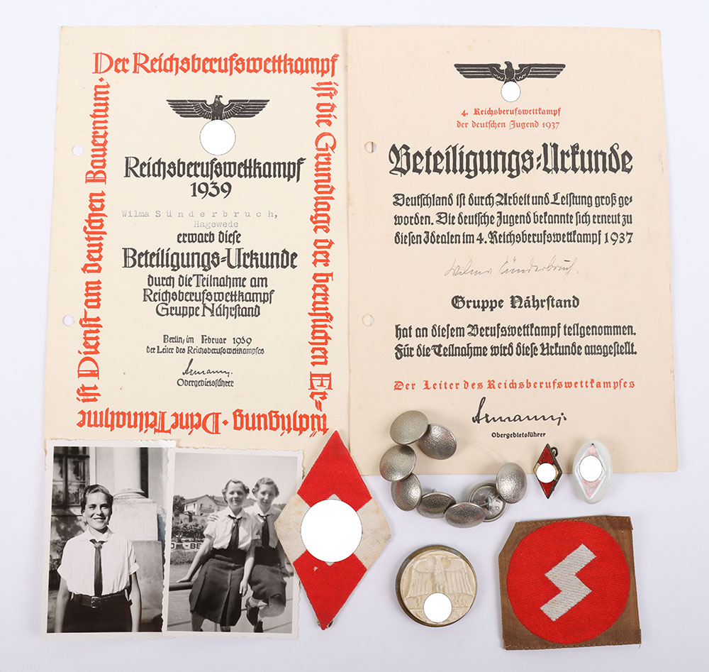 #978 – Third Reich B.D.M (Bund Deutscher Madel) Insignia and Document Grouping of Wilma Sunderbruch