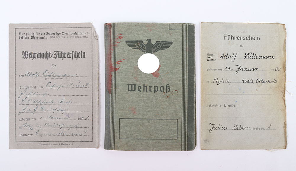 #1113 – WW2 German Armed Forces Wherpass and Drivers Licenses of Adolf Lüllemann