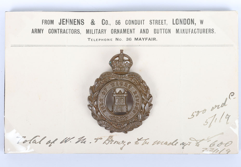 #150 – Regimentally Important Isle of Wight Rifles Cap Badge Sent to Colonel Hobart by Jennens & Co for Approval and Handwritten Note Ordering Badges Required