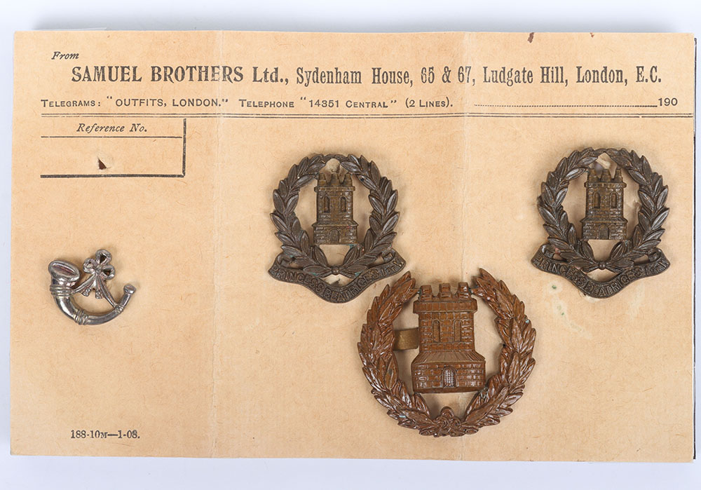 #151 – Regimentally Important Isle of Wight Rifles Forage Cap Badge and Collar Badges 1902-08 on Retailers Card Belonging to Colonel Hobart