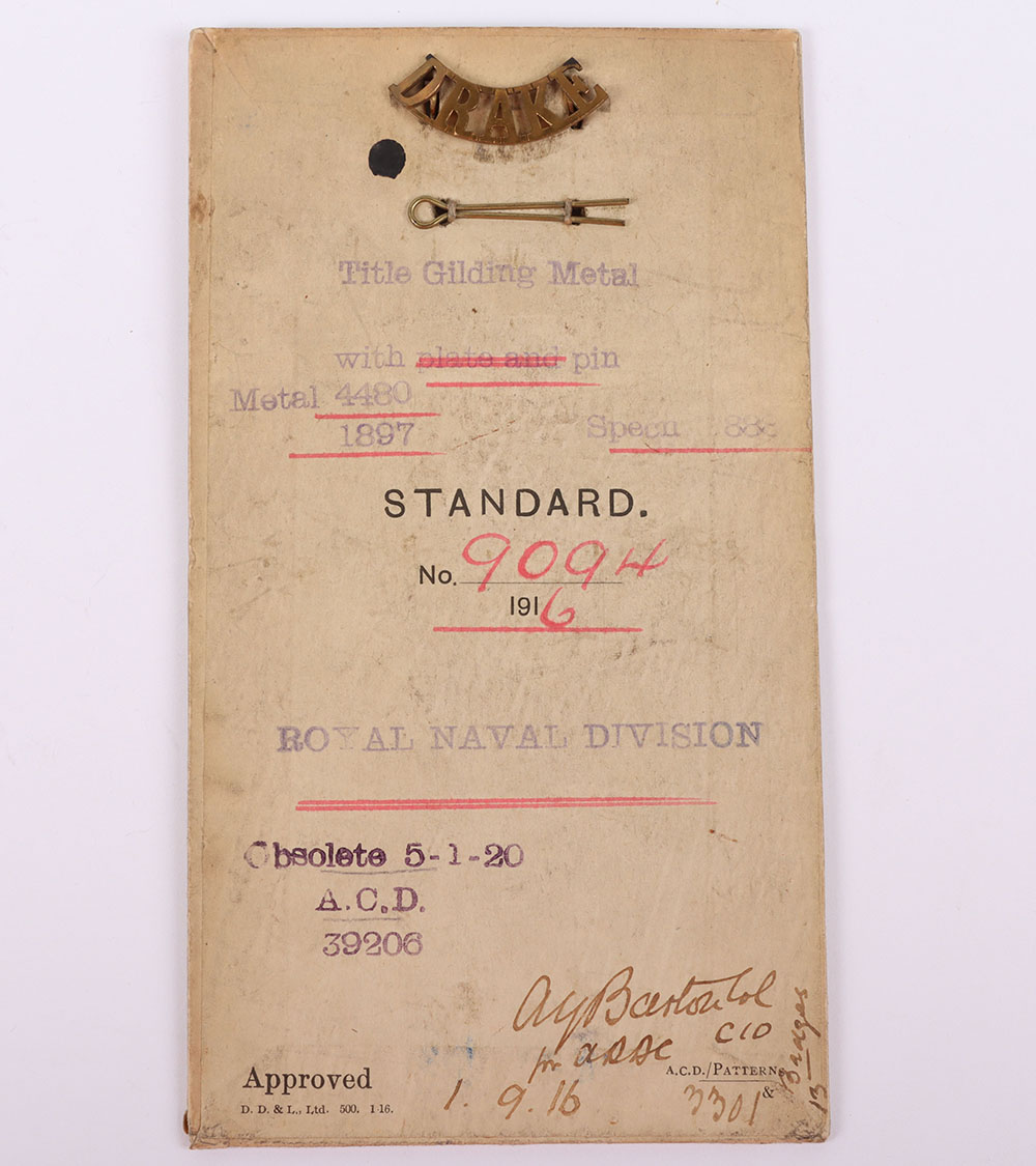 #181 – Rare WW1 1916 Sealed Pattern Drake Battalion Royal Naval Division (R.N.D) Shoulder Title