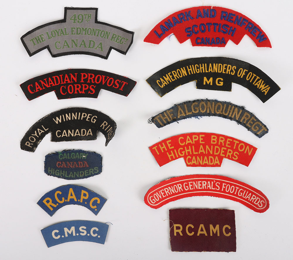 #334 – 8x WW2 Canadian Printed Regimental Shoulder Titles