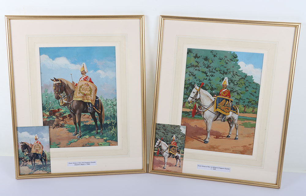 #427 – 2x Framed Watercolours of Drummer on Horseback of the 1st Kings Dragoon Guards and 2nd Queens Bays Dragoon Guards