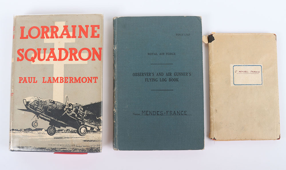 #440 – Historically and French Nationally Important Log Book Set of Captain Pierre Mendès-France, Free French Air Force, No342 Lorraine Squadron and Post War Prime Minister of France, Responsible for Ending the French Campaign in Indo-China