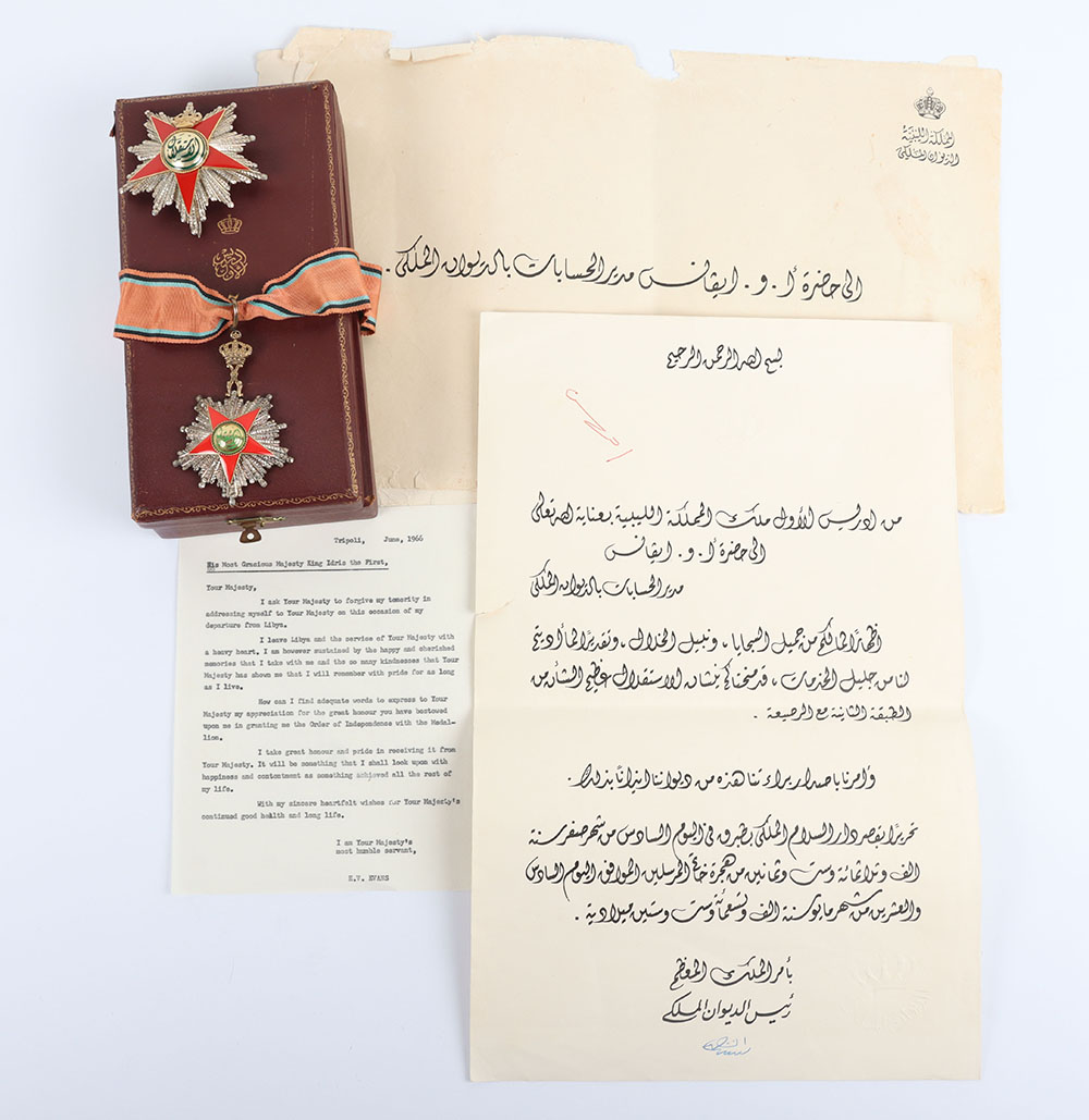 #76 – Kingdom of Libya Order of Istiklal (Independence) Set Awarded to E V Evans Finance Minister Under King Idris the 1st