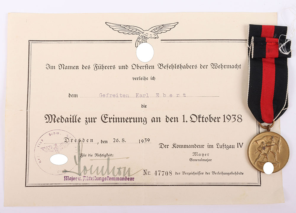 #908 – WW2 German 1st October Entry into Czechoslovakia Medal and Citation Pair,