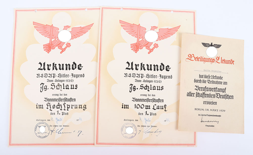 #296 – 2x Third Reich Hitler Youth Sports Citations for Bann Solingen