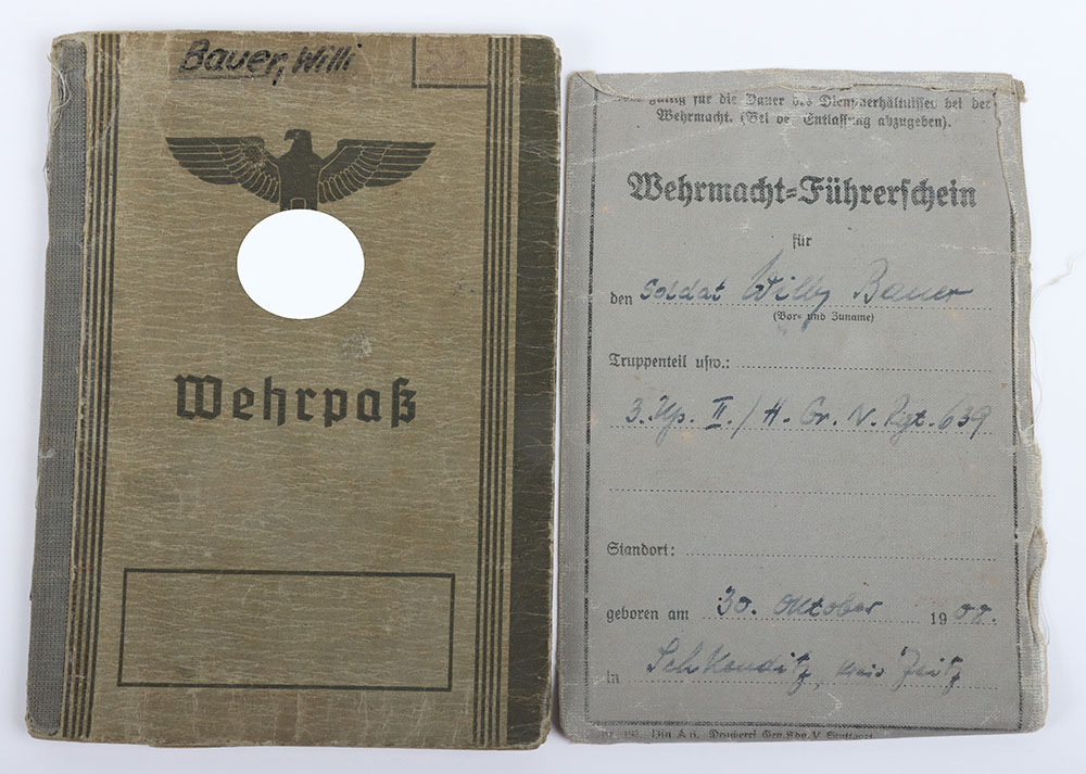 #557 – Wehrpass to Ogefr. W. Bauer, Heeres Gruppe Nord Rgt. 639, KURLAND 1944,