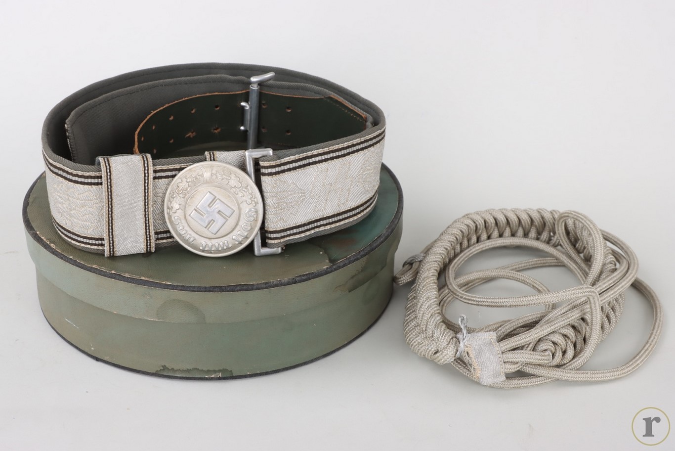 #72-228 – Police (SS) officer’s dress belt and buckle in case + aiguilette