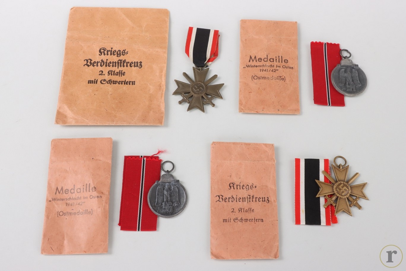 #73-1431 – 2 x War Merit Cross 2nd Class with Swords in envelope, 2 x Eastern Front Medal in Envelope