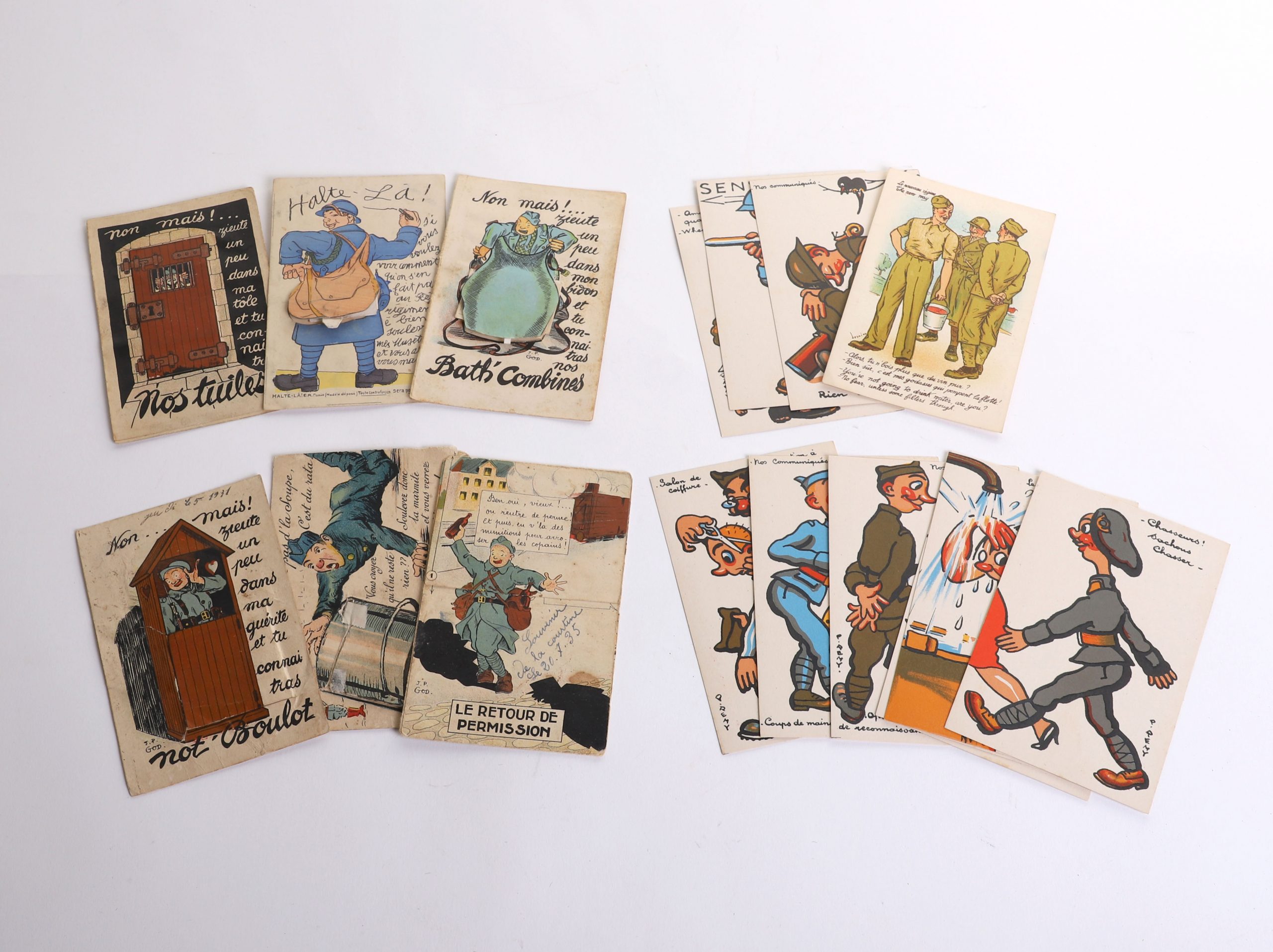 #118 – 17 WWI – WWII FRENCH COLOR COMICAL-PATRIOTIC POSTCARDS