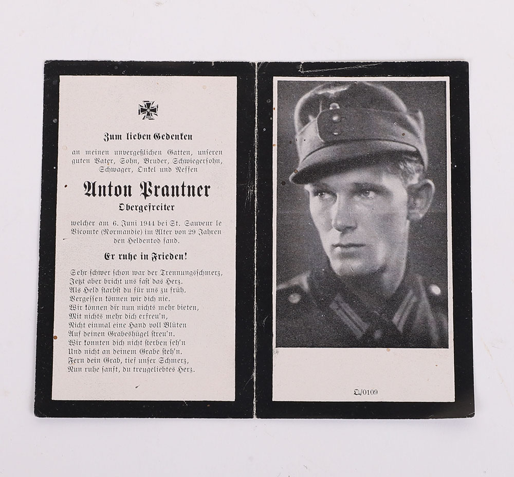 #150 – HEER DEATH CARD OF ‘ANTON PRANTER / OBERGEFREITER’ KILLED ON D-DAY 6TH JUNE 1944 IN NORMANDY