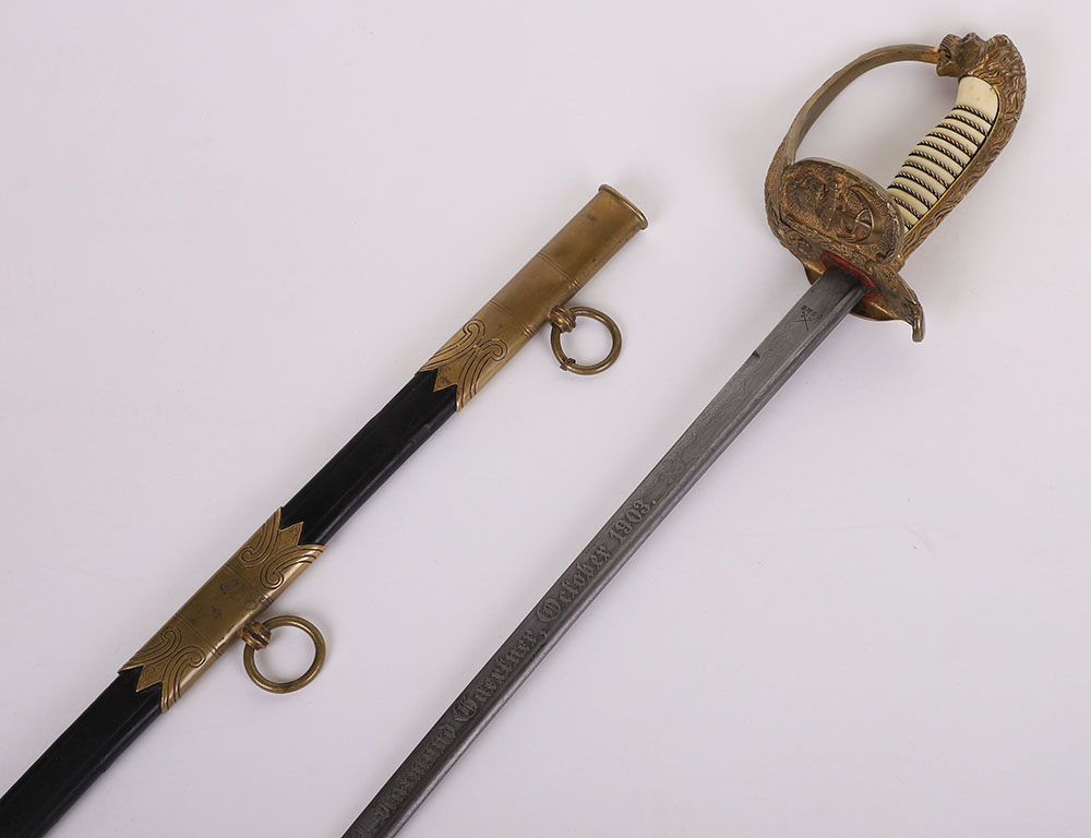 #283 – IMPERIAL GERMAN NAVAL OFFICERS SWORD WITH PRESENATION AND DAMASCUS BLADE