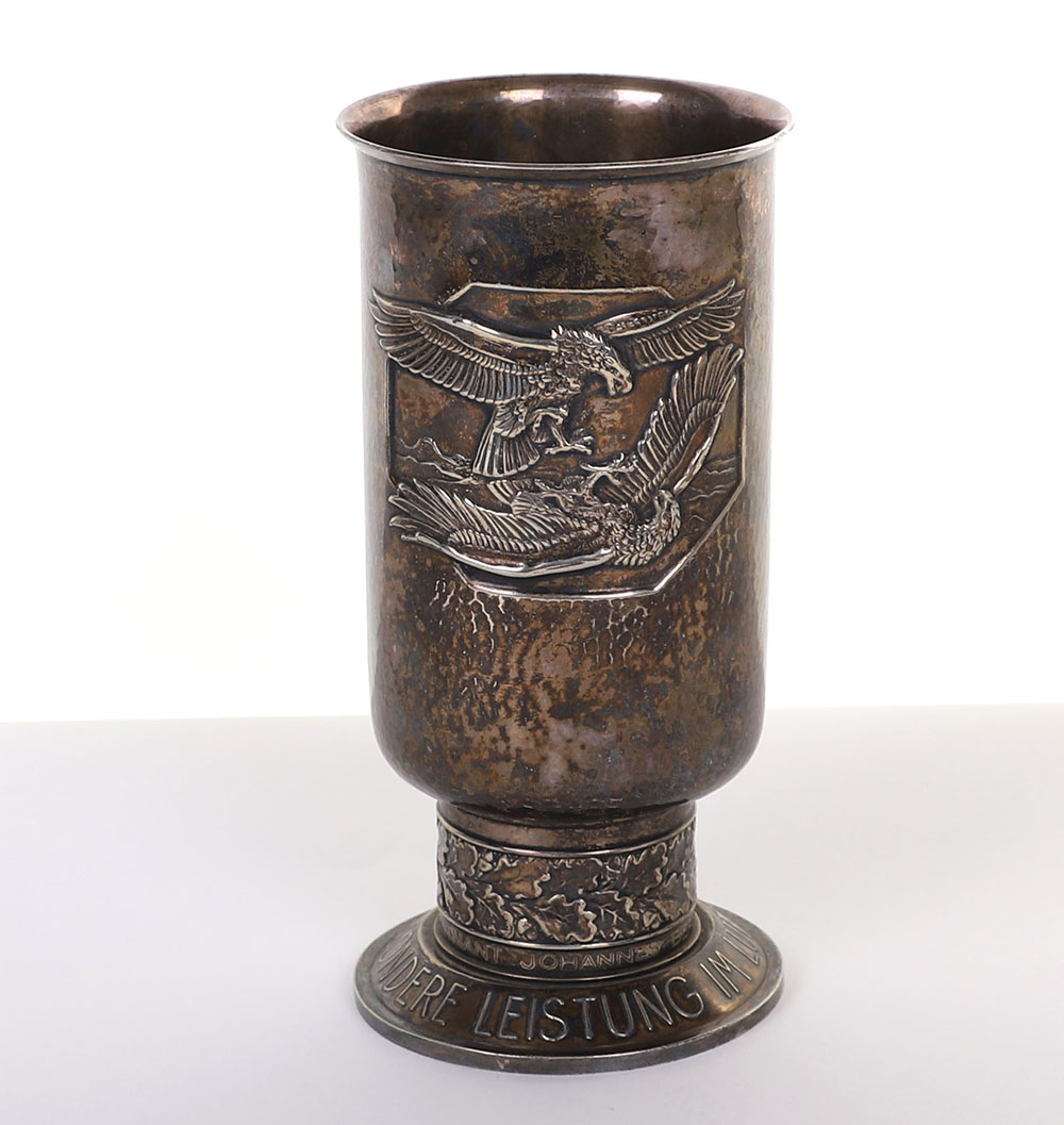 #288 – WW2 GERMAN LUFTWAFFE HONOUR GOBLET (EHRENPOKAL) AWARDED TO OBERLEUTNANT JOHANNES BERGFLETH WHO WAS KILLED IN ACTION MAY 27TH 1942, WHEN HIS Bf-110 FIGHTER BOMBER WAS SHOT DOWN BY ANTI-AIRCRAFT FIRE OVER TOBRUK, NORTH AFRICA