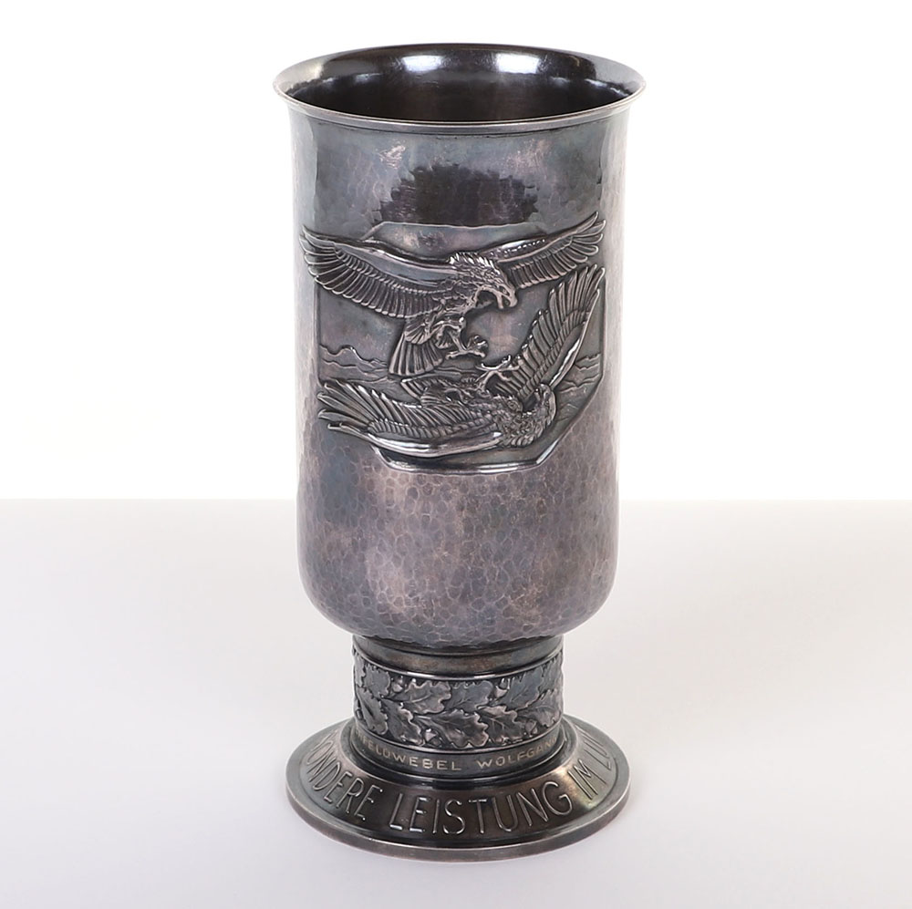 #289 – WW2 GERMAN LUFTWAFFE HONOUR GOBLET (EHRENPOKAL) AWARDED TO OBERFELDWEBEL WOLFGANG MILLATZ WHO WAS KILLED DURING TRIALS FOR THE ME-262 JET FIGHTER AIRCRAFT IN 1944