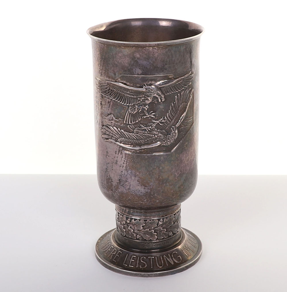 #290 – WW2 GERMAN LUFTWAFFE HONOUR GOBLET (EHRENPOKAL) IN SILVER AWARDED TO GERHARD ARENDT KAMPFGESCHWADER 54