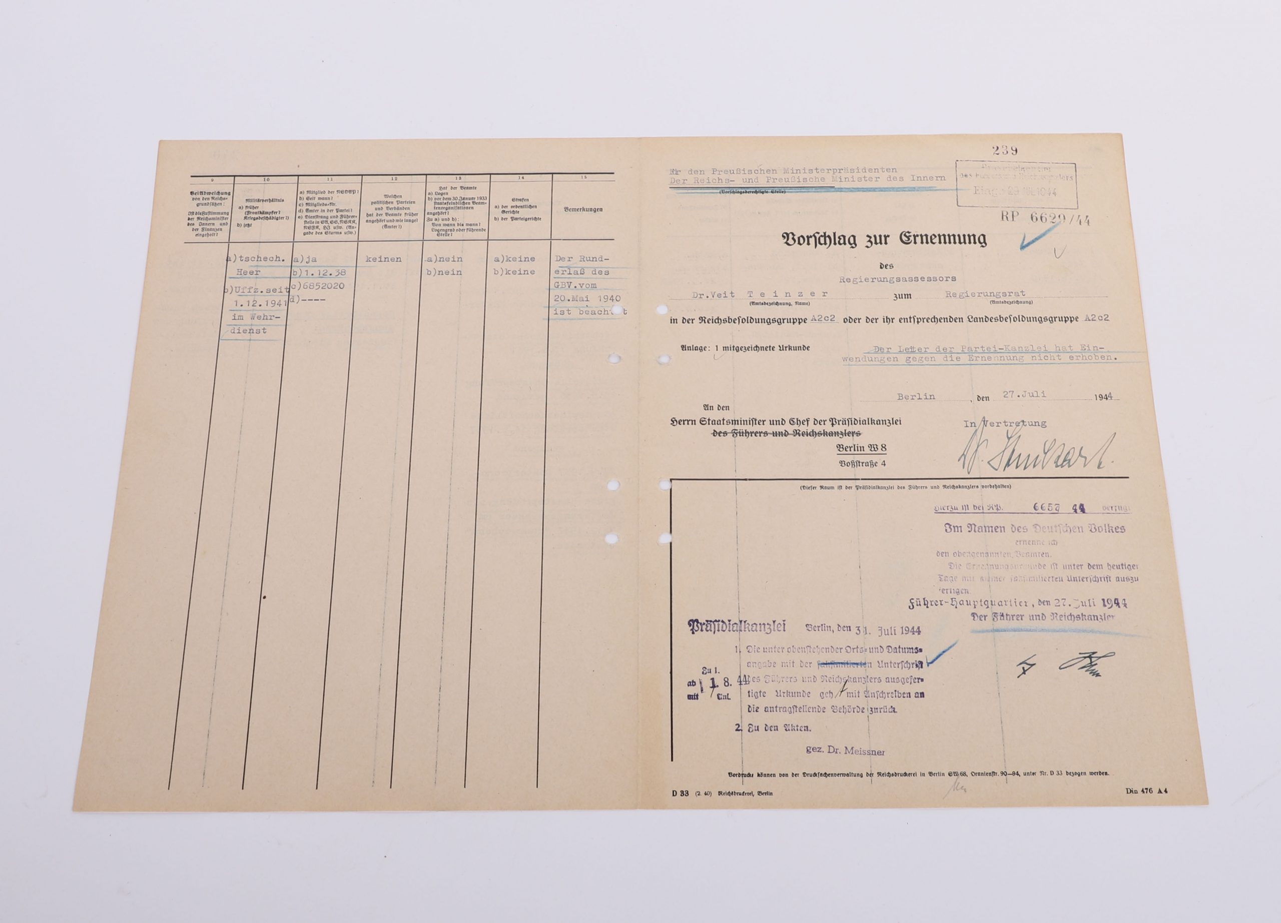 #303 – THIRD REICH PROPOSAL FOR APPOINTMENT DOCUMENT WITH ORIGINAL INK ADOLF HITLER SIGNATURE