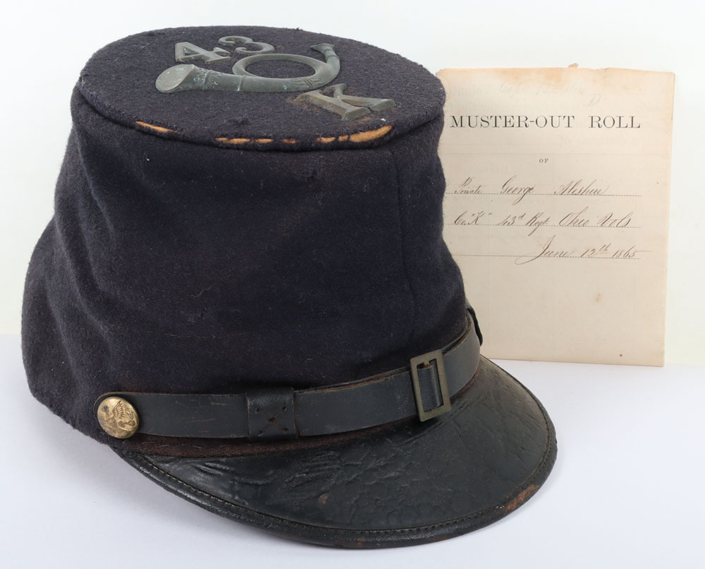 #84 – US CIVIL WAR PERIOD UNION INFANTRY FORAGE CAP W/ VERBAL ID & MUSTER ROLL, this belonged to Private George Aleshire of the 43rd Regiment of the Ohio Volunteers 17th Corps who fought in the Siege of Savannah etc