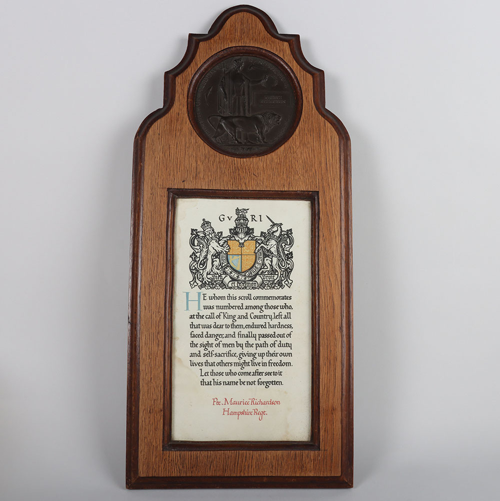 #101 – Great War Memorial Plaque and Scroll to the 14th Battalion Hampshire Regiment