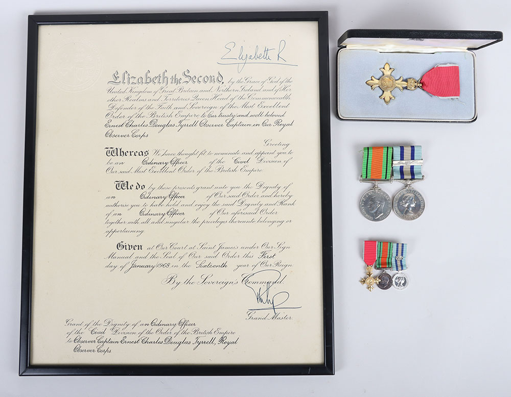 #134 – A Fine O.B.E Long Service Medal Group of Three to an Observer Captain and Area Commandant of Midland Area in the Royal Observer Corps with a Large Archive of Original Documents