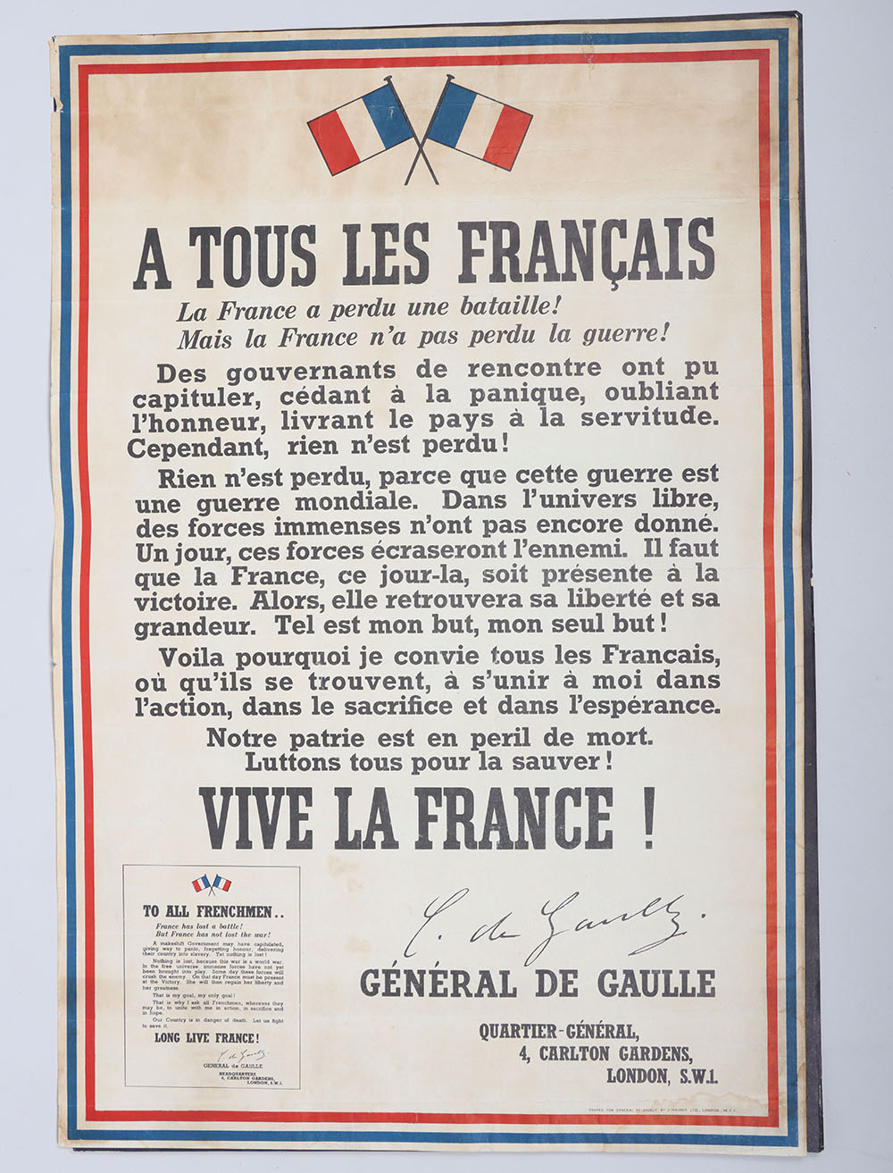 #324 – Rare WW2 Free French Charles De Gaulle Poster, France Has Lost a Battle! But France Has Not Lost the War!