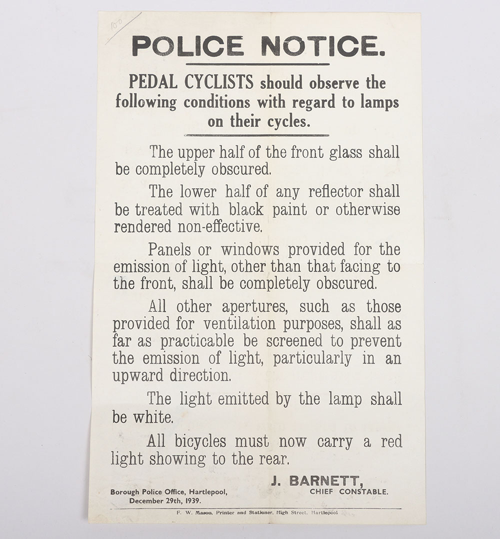 #342 – 1939 Borough Police Office Hartlepool Police Notice Poster for Cyclists