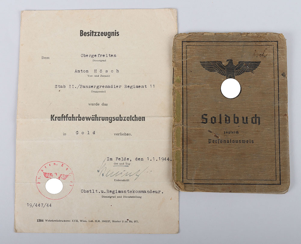 #759 – WW2 German Soldbuch to Obergefr. A. Hösch. Pz. Gren. Rgt. 11. MG Kompanie and Drivers Badge in Gold Award Document