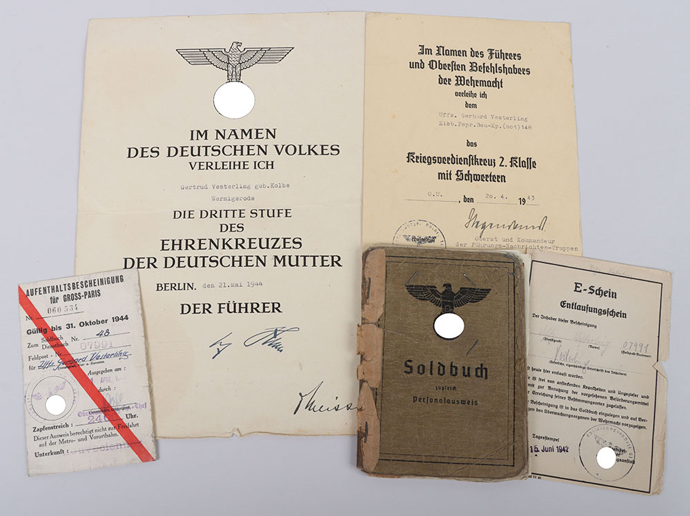 #762 – WW2 German Soldbuch Grouping to NCO G. Vesterling, Railway Pioneer Unit