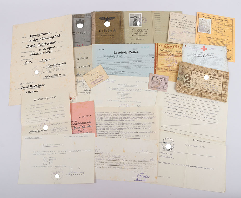 #763 – WW2 German Wehrpass and Soldbuch Grouping to Oberwachmeistyer Josef Koklbecher, Art. Abt 862, H. Küst Art Abt 285/974 Norway ‘Artilleriegruppe Korsens’