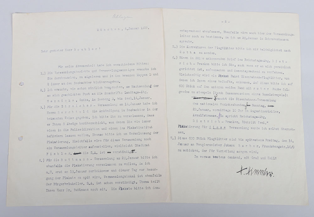 #767 – Early Letter from Henrich Himmler to Philip Bouhler, with Himmler Hand Signature 1926