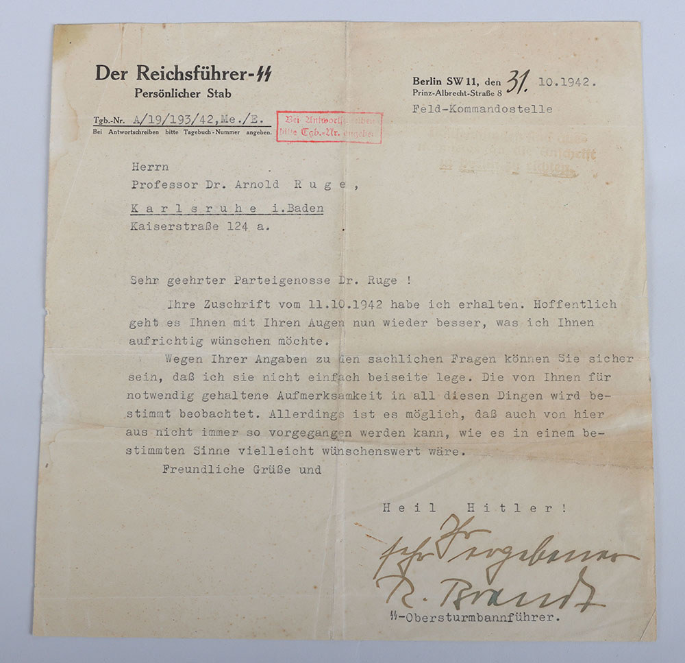 #768 – Rare 1942 Letter by SS-Obersturmbannführer Rudolf Brandt (Stab Reichsführer-SS) to Prof. Dr. Ruge 1942