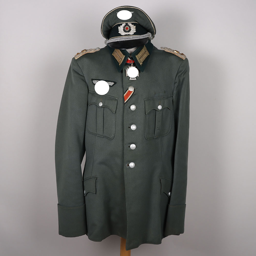 #805 – WW2 German Army (Heer) Officers Combat Tunic, Peaked Cap and Steinhauer & Luck Made Knights Cross of the Iron Cross, from a Knight’s Cross Winner with the rank of Oberstleutnant from Grenadier Regiment 481