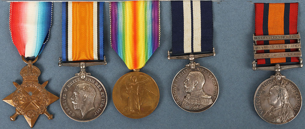 #86 – A Family Group of Medals to the Martin Family from Hastings Comprising a Great War 1917 Palestine Campaign Distinguished Service Medal Group of Four to the Royal Navy Reserve and a Related Queens South Africa Medal to a Private in the Sussex Regiment Who Died of Disease in March 1901