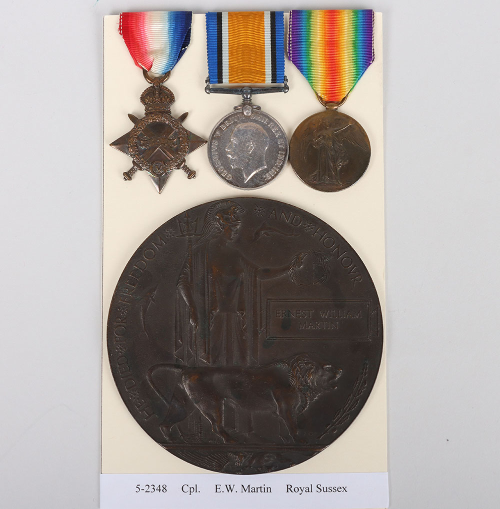 #91 – Great War November 1916 Casualty 1914-15 Star Medal Trio and Memorial Plaque to the 1/5th (Cinque Ports) Battalion Royal Sussex Regiment