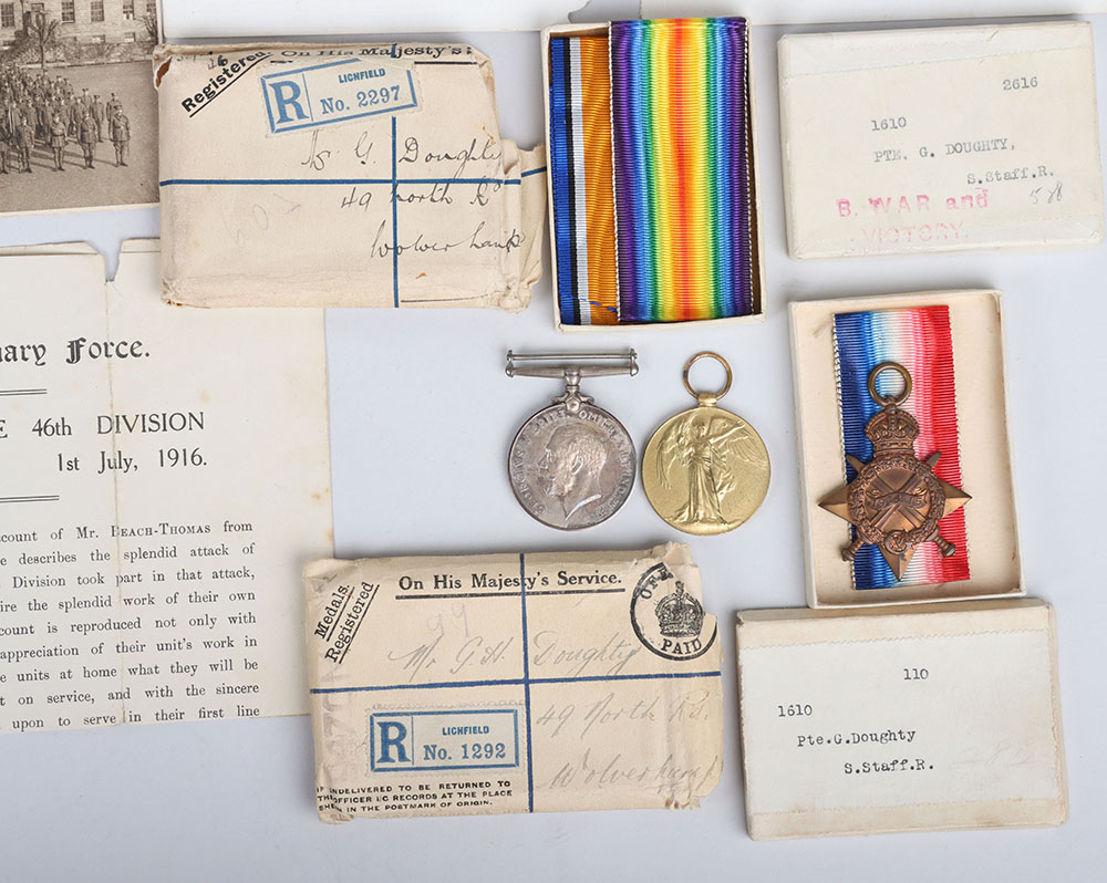 #95a – 1914-15 Star Medal Trio and Diary Grouping of L/Cpl George Doughty 1/ 6th South Staffordshire Regiment