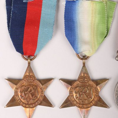 #30 – A good WW2 Royal Naval Reserve Medal Group of 4 to a Petty Officer Who was Taken Prisoner of War After his Ship, the Armed Merchant Cruiser H.M.S Voltaire Was Sunk by the German Raider Thor,